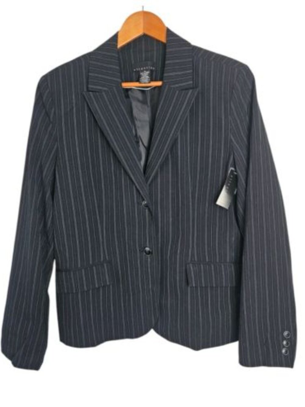 Y2K Attention Women Blazer Black White Pinstripe Lined Sz 16 Work Career Jacket